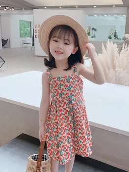 

Summer Cotton Girls Floral Dress Sleeveless Slip Korean Off Shoulder Vintage Flower Girls Dress Princess Robe Clothing BW50DR