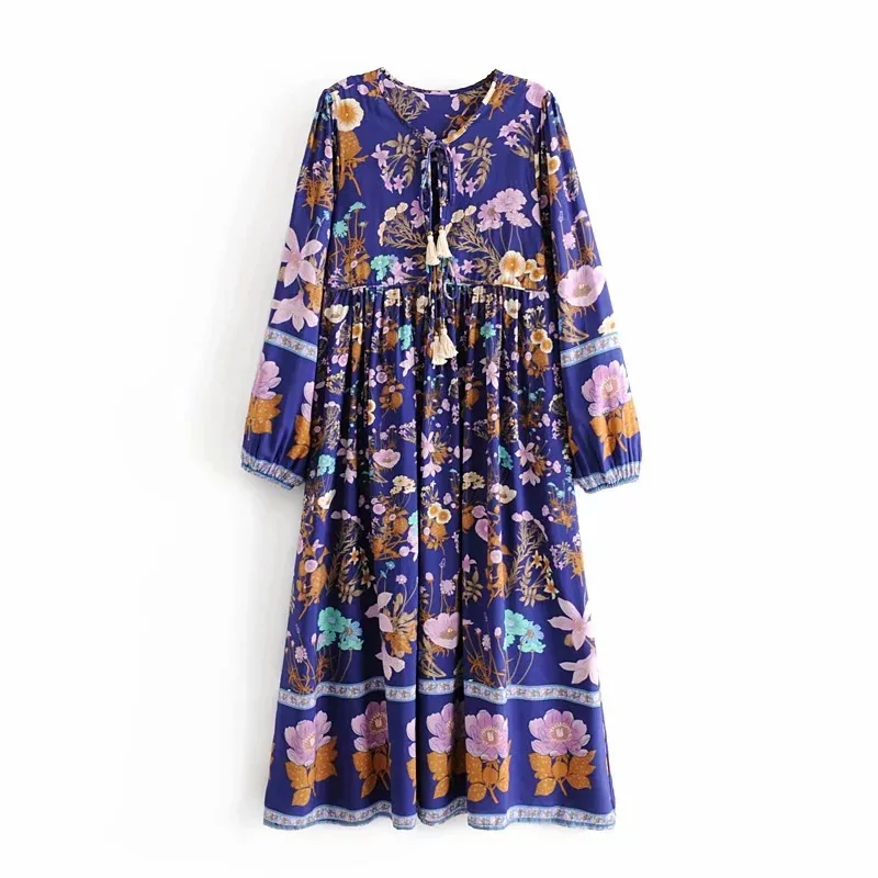 Женское платье с кисточками Boho летнее Свободное длинным рукавом цветочным