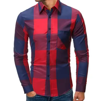 

Plaid Dress Shirt Men's Long Sleeve Slim Casual Social Shirt for Men Blouse Men Fashion Gray Red