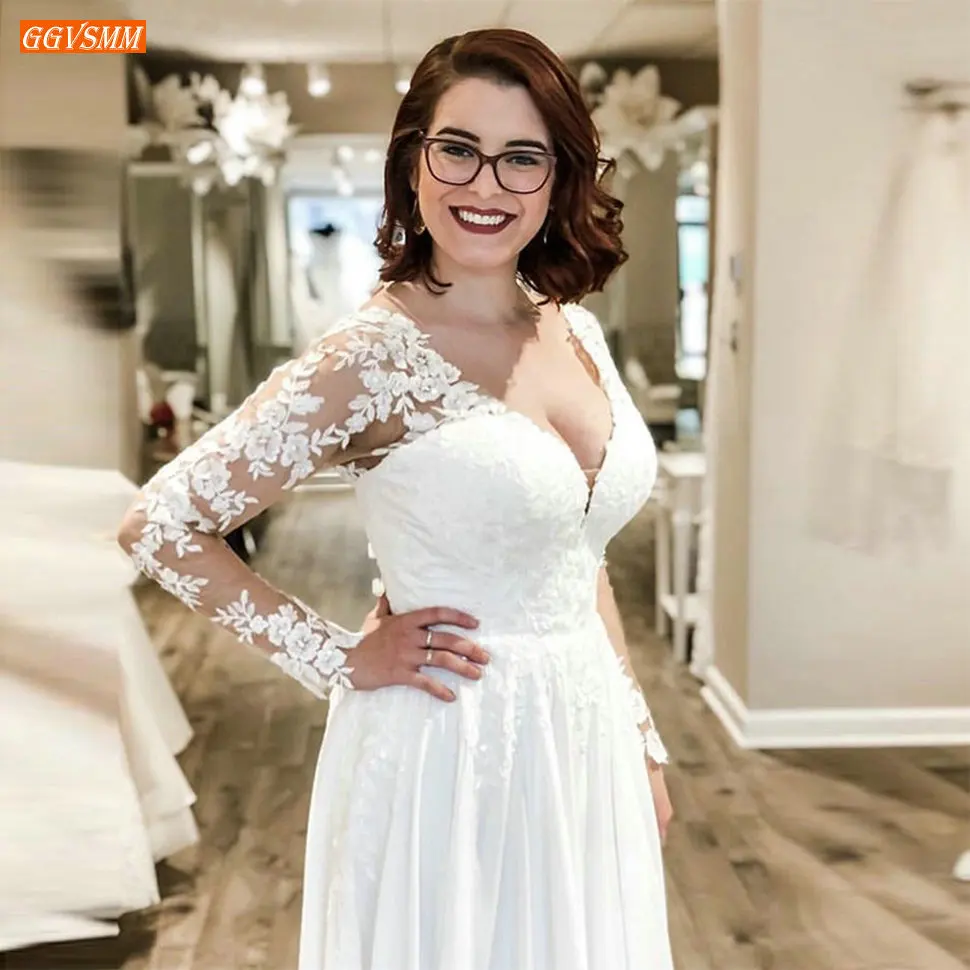 

Elegant Africa Boho White Wedding Dress Long Sleeve Appliqued Chiffon A Line Bridal Dresses Custom Made V Neck Sexy Wedding Gown