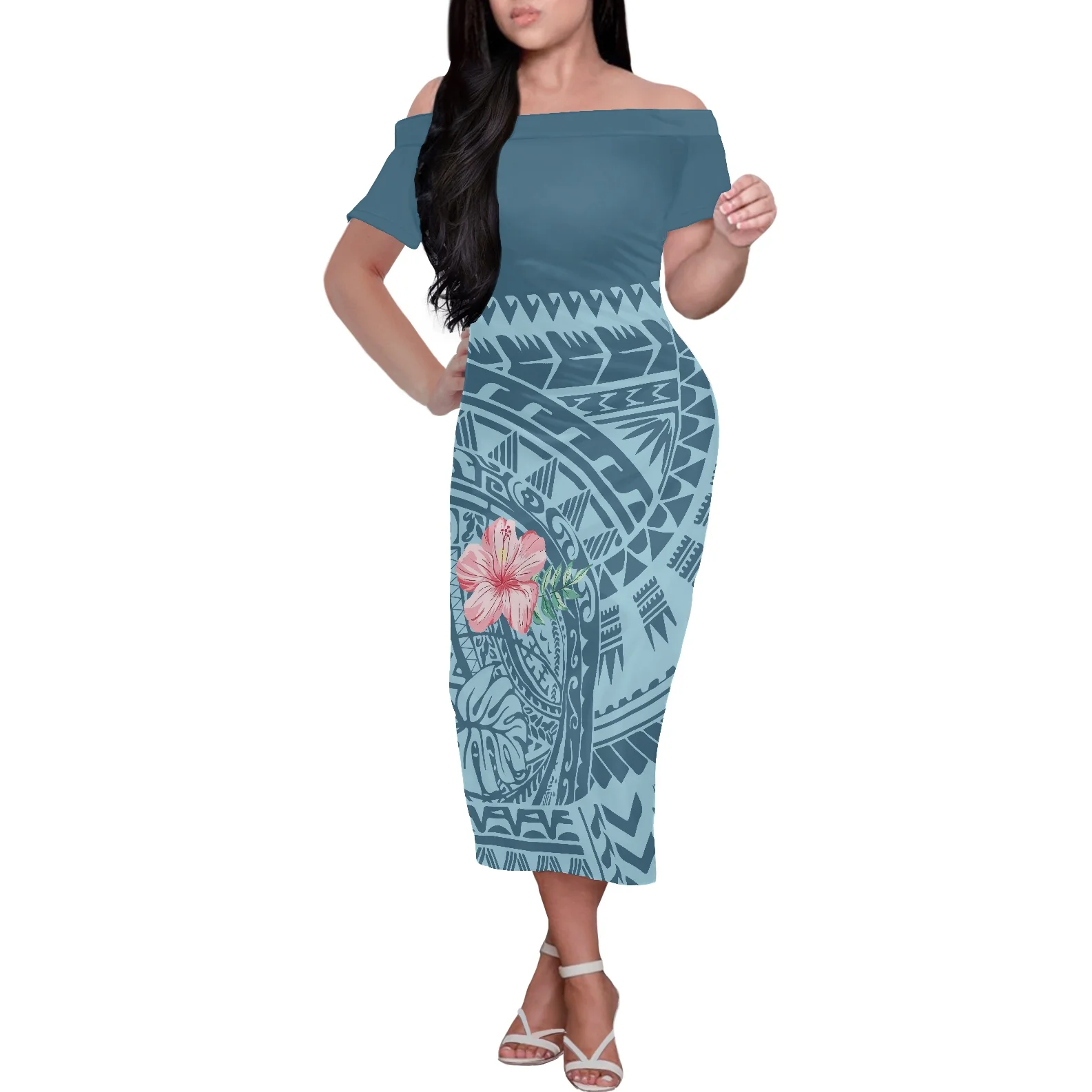 

Women's Evening Dress Polynesian Tribal Hibiscus Print Skirt Summer Strapless Off Shoulder Short Sleeve Knee Length