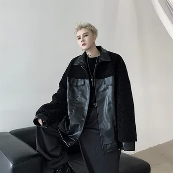 

Designer Lamb Fur Stitching Pu Small Jacket Thick Warm Jacket Coat Men's Long Coat England Style Loose Faux Leather