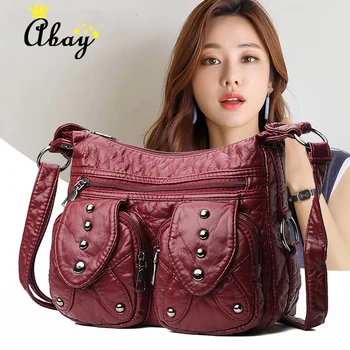 

Medium Messenger Bag Women Washed Leather Rivet Crossbody Portable Shoulder Bags Middle Ages Female Handbag bolsa de cuero medio