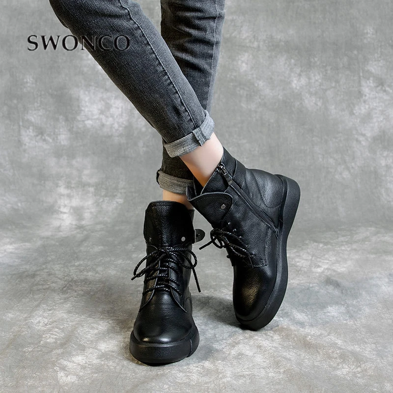 SWONCO/ботильоны; женская зимняя обувь; Новинка года; женские зимние ботинки из натуральной кожи; черные кроссовки; женские ботинки на платформе - Цвет: black no fur