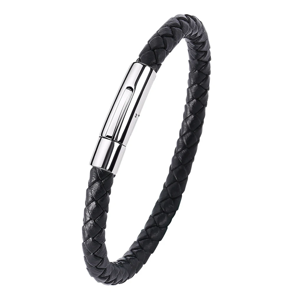FIREBROS Gold Black Silver Stainless Steel Clasp 6mm Red Brown Black Genuine Leather Bracelet for Men Women Jewelry Dropshipping - Окраска металла: Black Silver Clasp