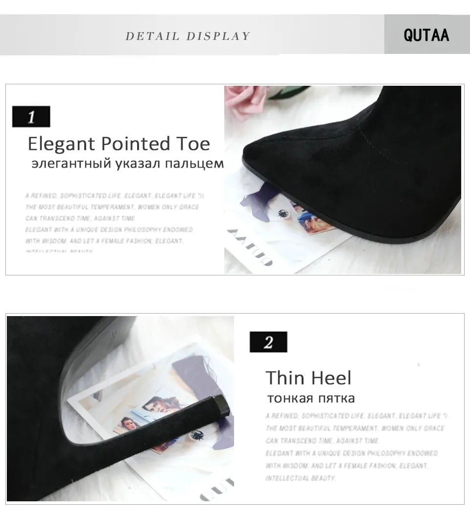QUTAA/ г. Женские ботинки ботфорты на шнуровке модная пикантная зимняя теплая женская обувь на меху с острым носком на тонком высоком каблуке Size34-43