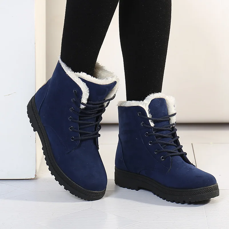 Korean Plus Size 44 Winter Snow Boots Women Fashion Flock Ankle Boots High Top Lace-up Casual Short Boots Platform Shoes Woman