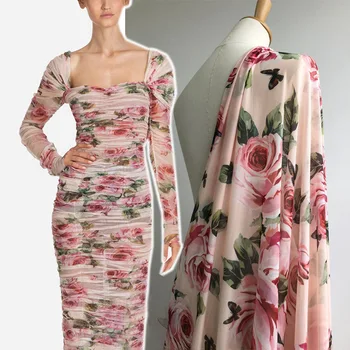 

100x145cm Fashion Pink Rose Butterfly Printed Mesh Fabric For Woman Dresses Blouse DIY Cloth Sewing