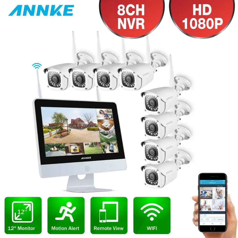 

ANNKE 8CH 1080P FHD WiFi Wireless Video Security System 12inch LCD Screen NVR 2MP 4X 8X IP Cameras Outdoor CCTV Surveillance Kit