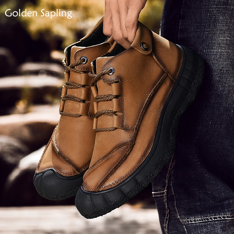 Золотые саплинговые ботинки в стиле ретро, мужские зимние кроссовки из натуральной кожи, высокие тактические ботинки для трекинга, охоты, Мужская походная обувь