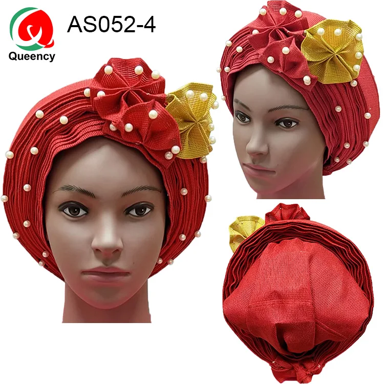AS052 DHL- дизайн ASO OKE повязка на голову с бисером Авто Африканский Цветочный гель женщины в нигерийском стиле головной убор для свадьбы и вечеринки - Цвет: AS052-4