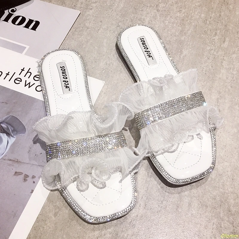 

Summer Slippers Women Shoes Woman Mules Colorful Rivet Diamond Transparent Slides Peep Toe Med Heel Slippers Female Ladies Shoes