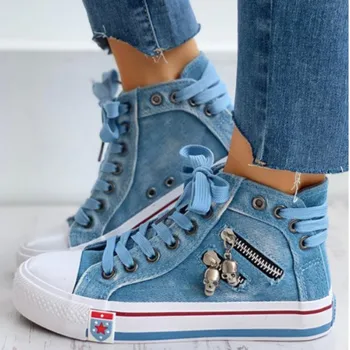 

Vulcanize Shoes Women Canvas Chic High Top nim Leisure Footwear Womens All-match Flat Zipper Walkin Korean Ladies Breathable
