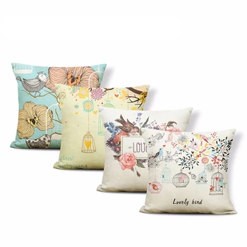 

Happy Fun Cartoon Pillow Bird Branch Text Colored Flowers Throw Pillow Home Sofa Small Decoration Polyester Linen Cushion Cover