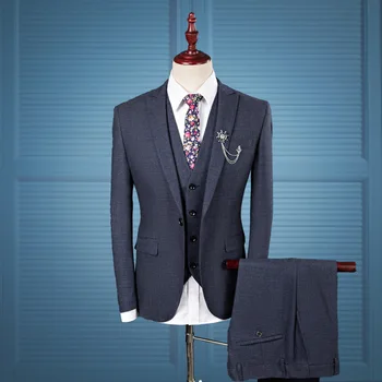 

New Unique Design Men's Plus Size Blue Slim Blazer Set Brooch Chain Men's Fashion Groom Marriage Party Banquet Three-piece Suits