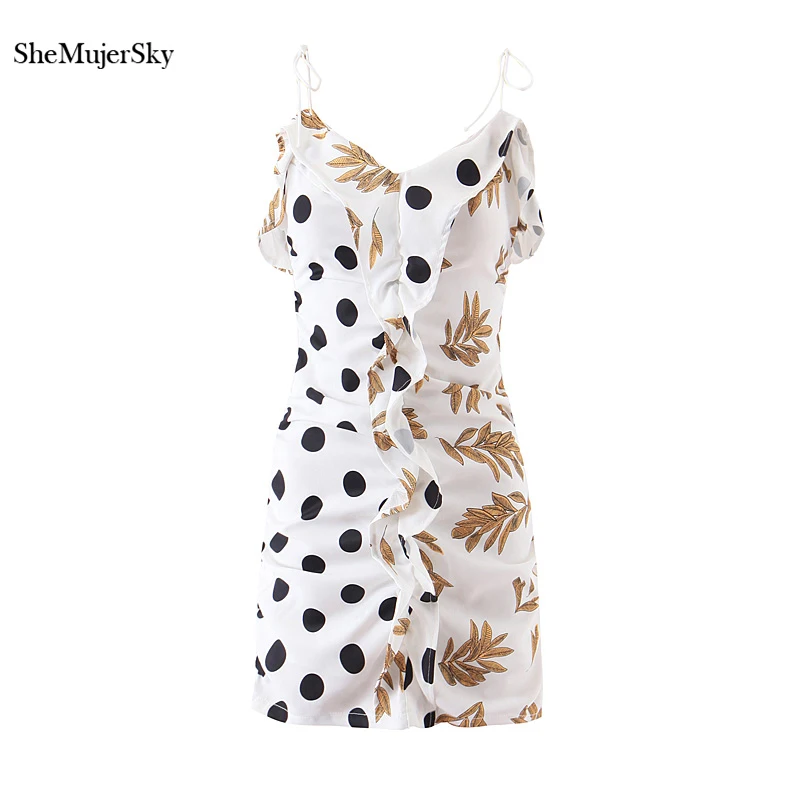 

SheMujerSky Women Summer Sexy Beach Dress Dot Print Spliced Strappy Slim Chiffon Dress 2019 Holiday Ladies Dresses vestidos
