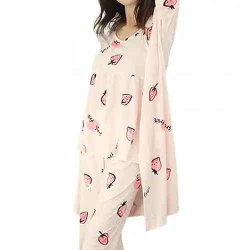 Pink Strawberry Комплект из 3 предметов, Пижама для отдыха, Женский цветочный принт, длинный рукав, кардиган, жилет, длинные штаны, одежда для сна, пижамный комплект, халат, платье, наборы - Цвет: Pink Strawberry