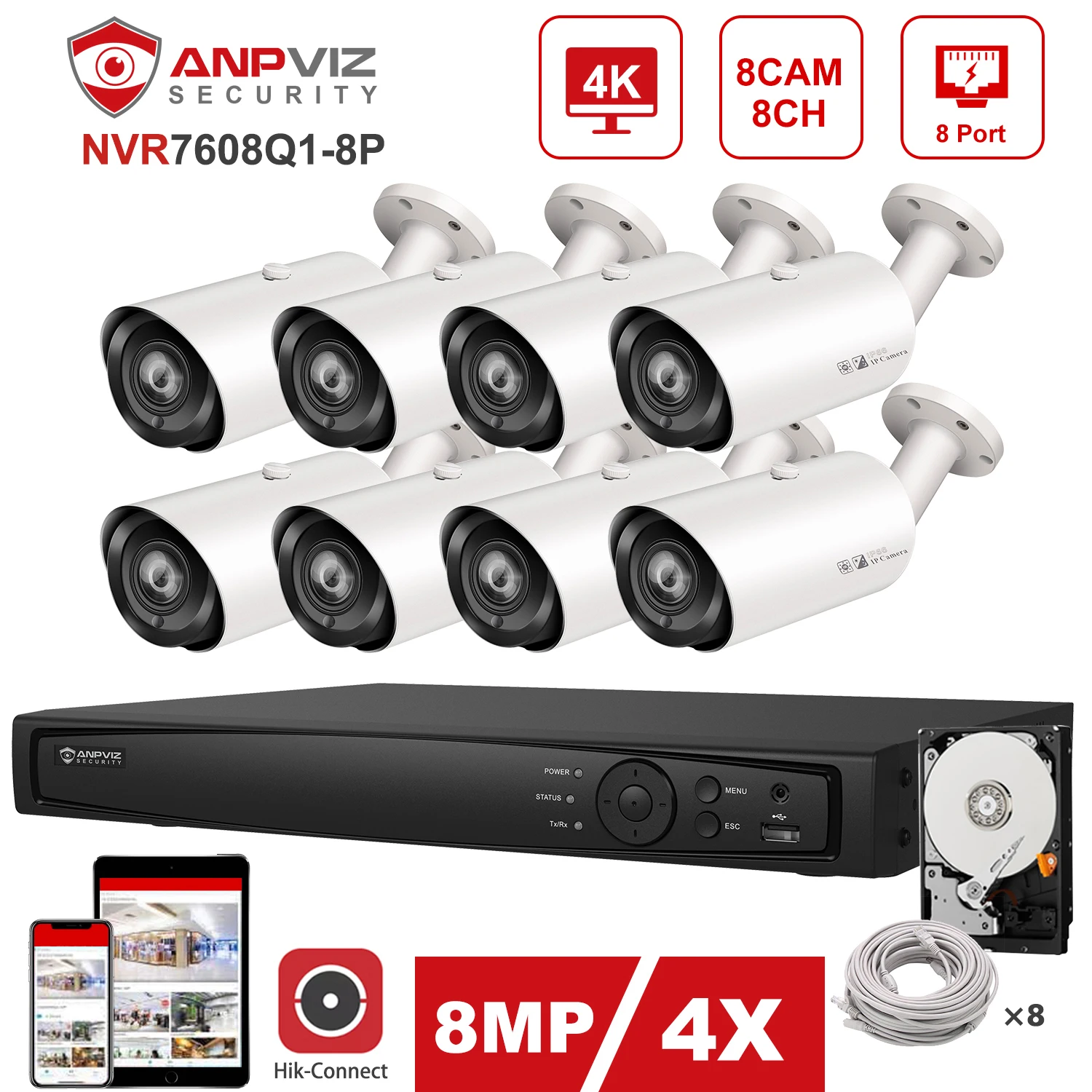 Hikvision OEM 8CH 4K NVR 8MP 4X цилиндрическая IP-камера POE IP система безопасности комплект