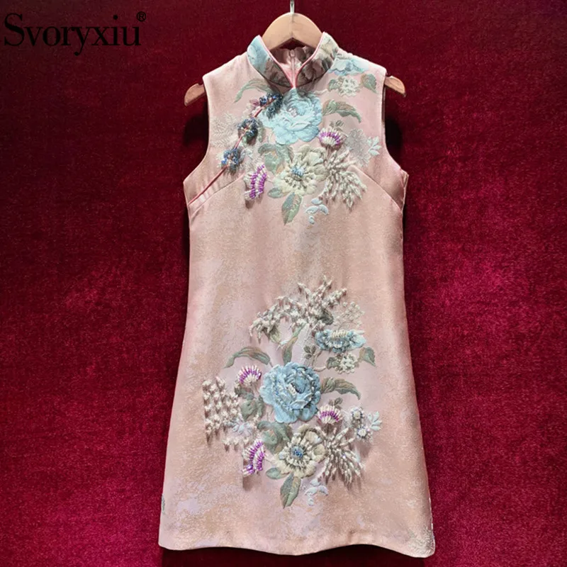 

Svoryxiu Designer Vintage Flower Jacquard Crystal Beading Dress Women's High-End Autumn Winter Party Sleeveless Mini Dresses
