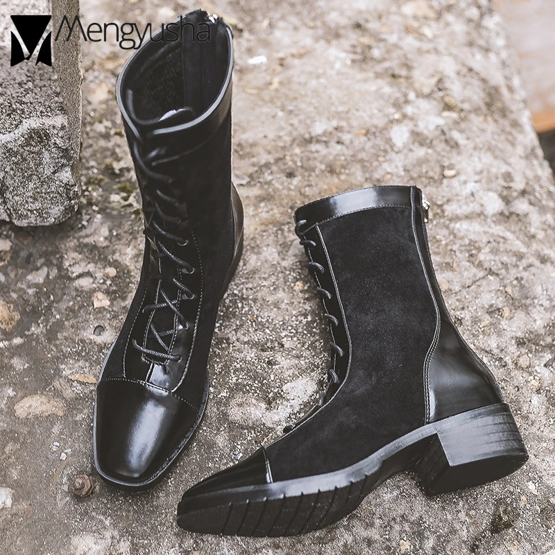 

Lace-Up Motorcycle Boots Women Patchwork Faux Seude&PU Leather Mid-Calf Martin Botas Square Toe Low Heels Snow Winter Botines