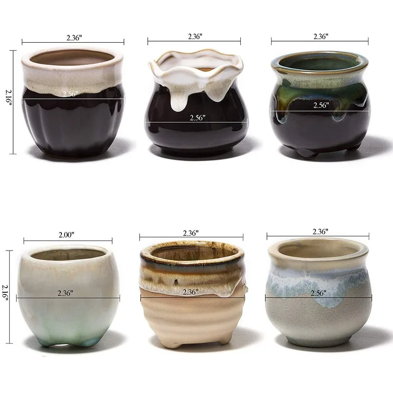 Succulent Pots 6 Pack Mini Ceramic Pots Small Flower Planter, Bonsai Cactus Pot with Drainage Hole Perfect Decoration Gift