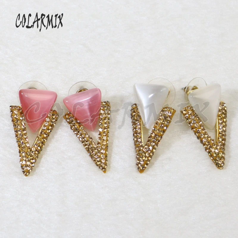 

5 pairs cat eye stone drop earrings triangle earrings stone earrings geometric gems accessories for women 9425