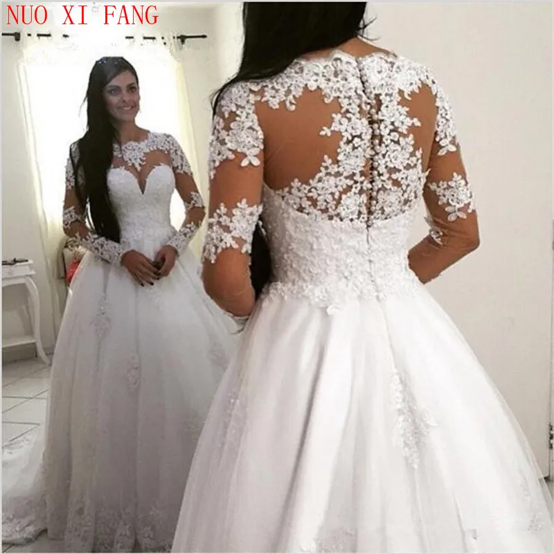 NUOXIFANG 2020 Sheer Neckline Appliques Lace Wedding Dress Long Sleeves Bridal Gowns A-line Style Vintage vestido de noiva