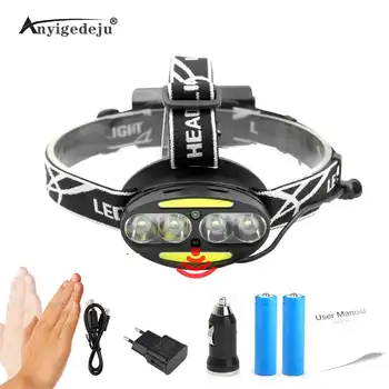 

ANYIGEDEJU IR sensor head lamp LED HeadLamp USB Headlight 4* XM-L T6 +2*COB Flashlight Torch Lanterna 18650 head ligh Taillight