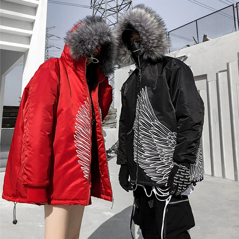 US Size Winter Parkas Jackets Wing Print Streetwear Men Hip Hop Warm Thick Coat Multi-pocket Outerwear Couple DG489