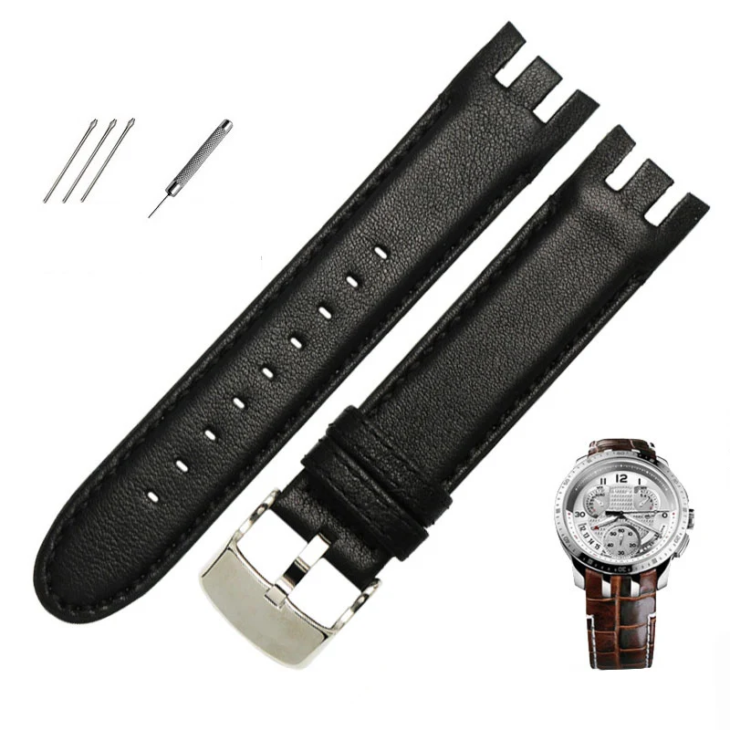 black plain Высококачественный ремешок для часов из натуральной кожи для Swatch YRS403 412 402G ремешок для часов 21 мм ремешок для часов для мужчин изогнутый конец часы браслет - Цвет ремешка: black plain