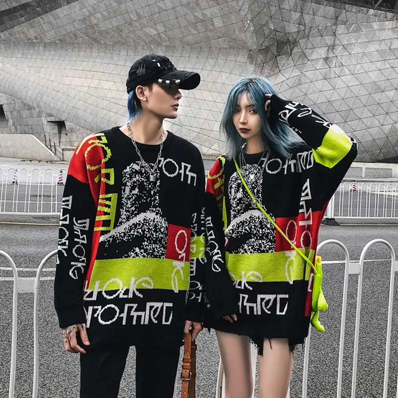 Great Value RLJT.JIN Hot High Quality Street Fashion Hip Hop Wacky Loose Mens Sweaters Practical Winter Warm Men Jumper Multicolor Splicing