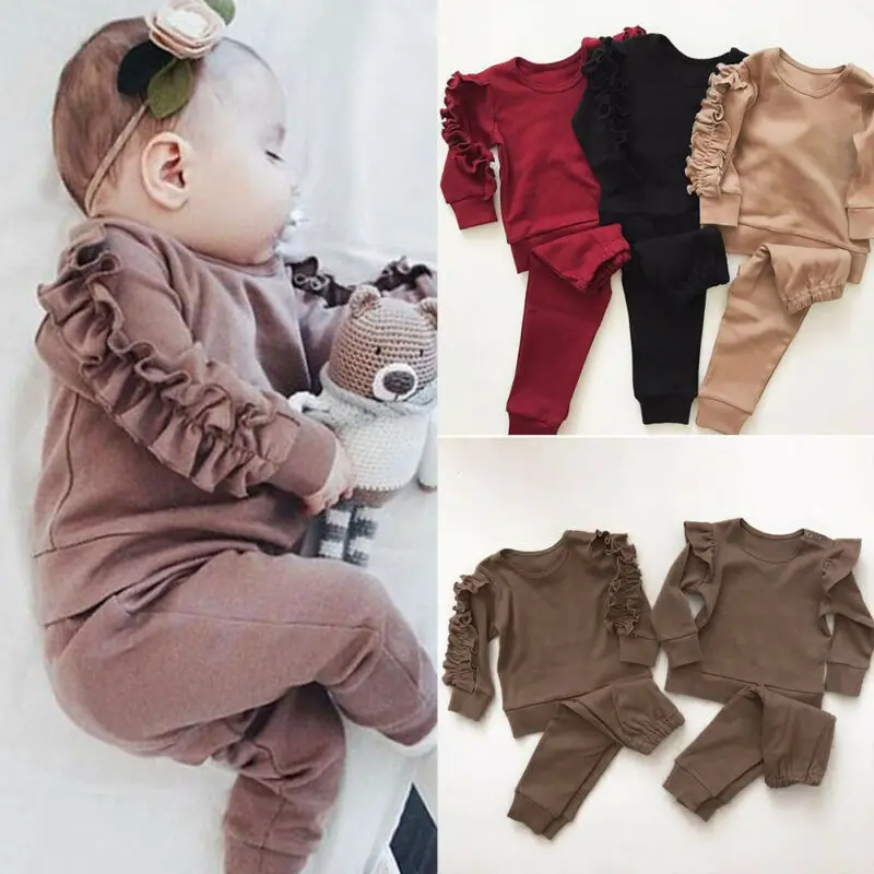 

6M-3Y Newborn Baby Boys Girls Ruffles Decor Sweatshirt + Pants Solid Long Sleeve Infant kids Fall clothes 3 Color