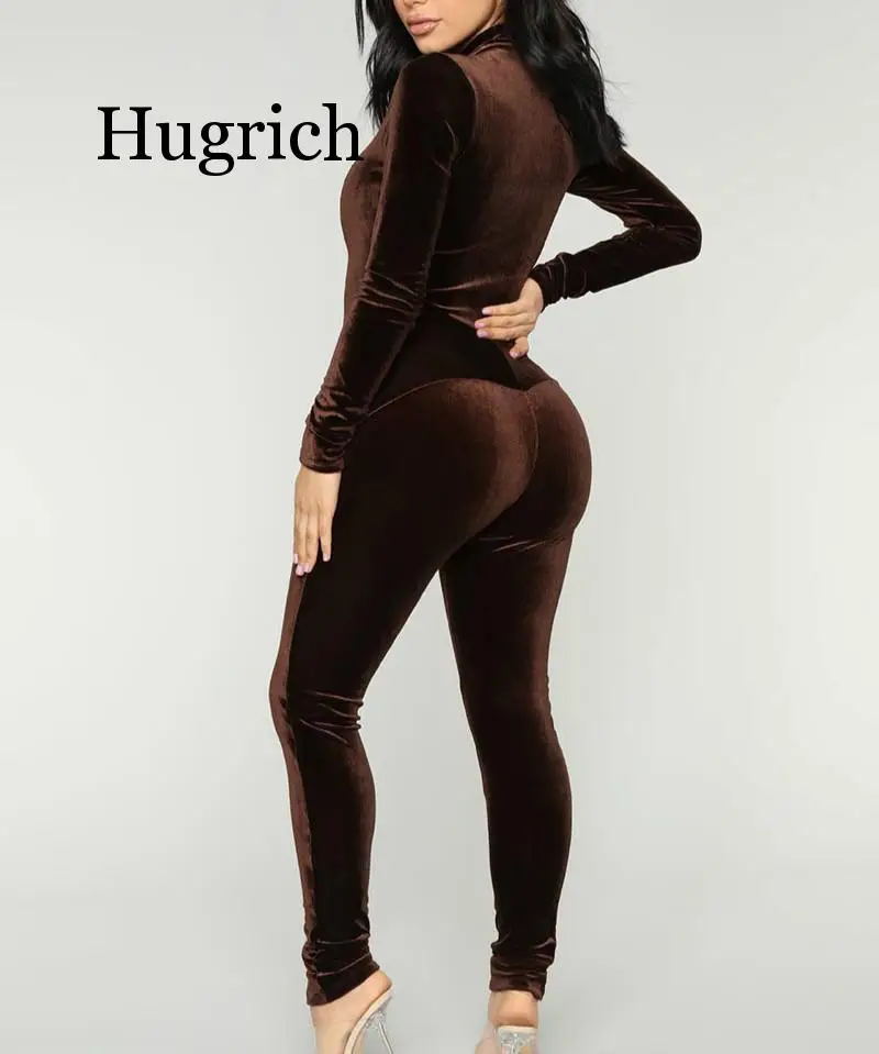 2020 Chocolate Dream Velvet Jumpsuit New Fashion Mock Neck Front Zipper Skinny Leg Velour Jumpsuits