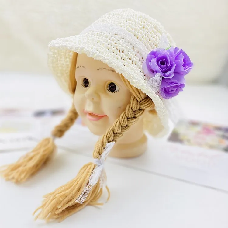 Spring Summer Baby Kids Girl Sun Block Hat Beach Hair Pigtail Braid Wig Cap Children Girls Flower Straw Hat Cap New Arrivals