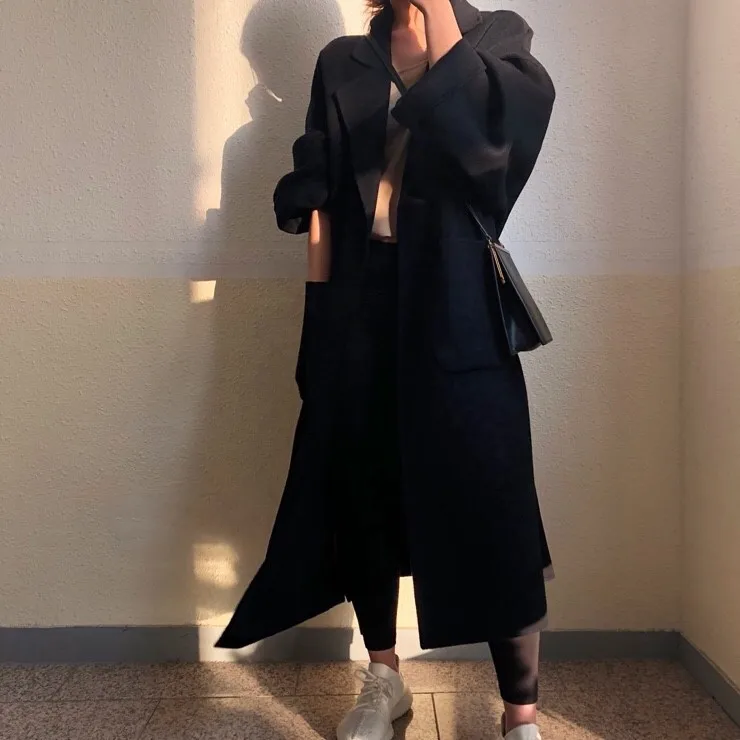 Женское Элегантное зимнее шерстяное пальто длинное Бандажное шерстяное пальто кардиган свободного размера плюс Abrigos Mujer Manteau Femme Hiver-85