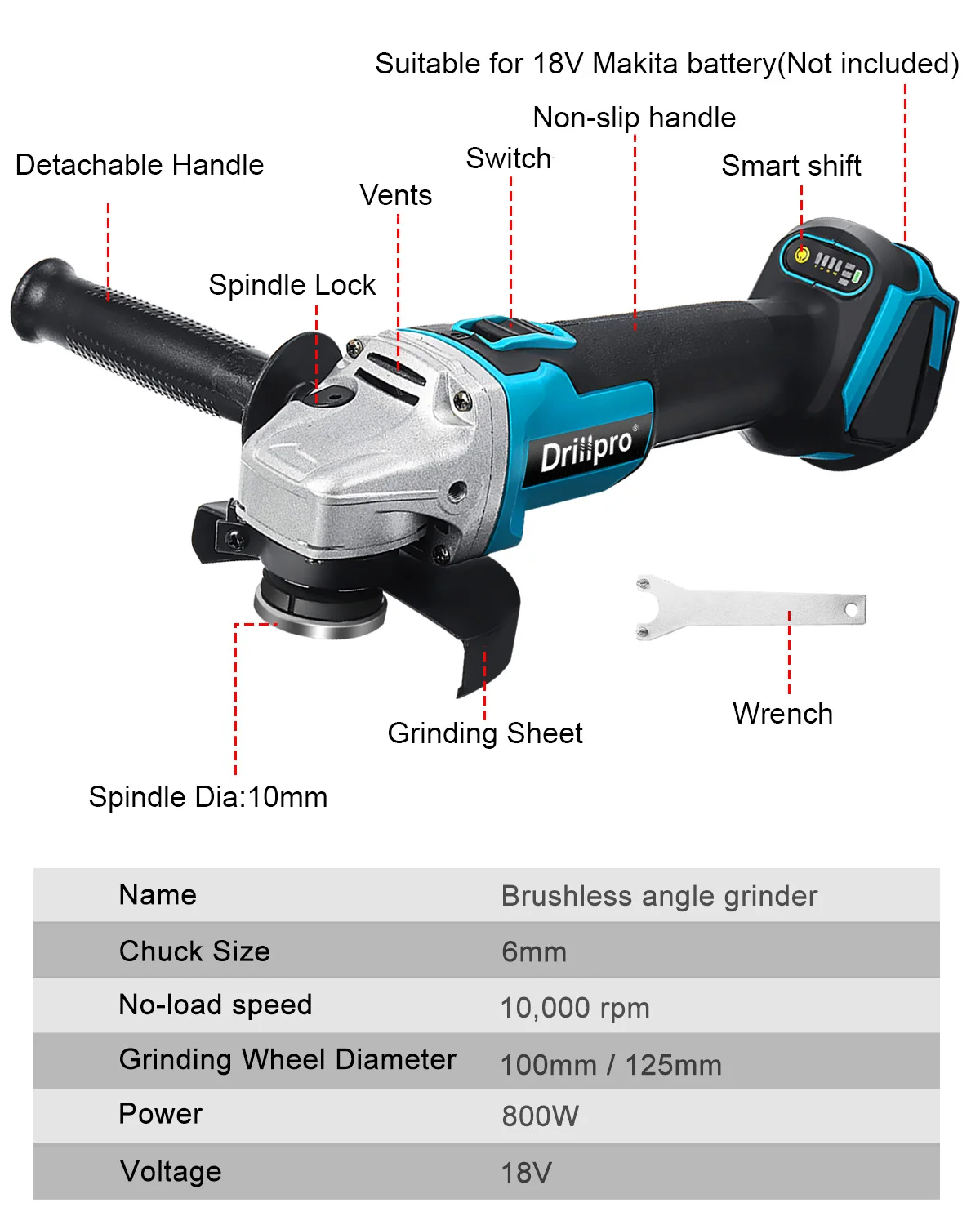 Drillpro 125mm Brushless Cordless Impact Angle Grinder DIY Power Tools Electric Polishing Grinding Machine For Makita18V Battery