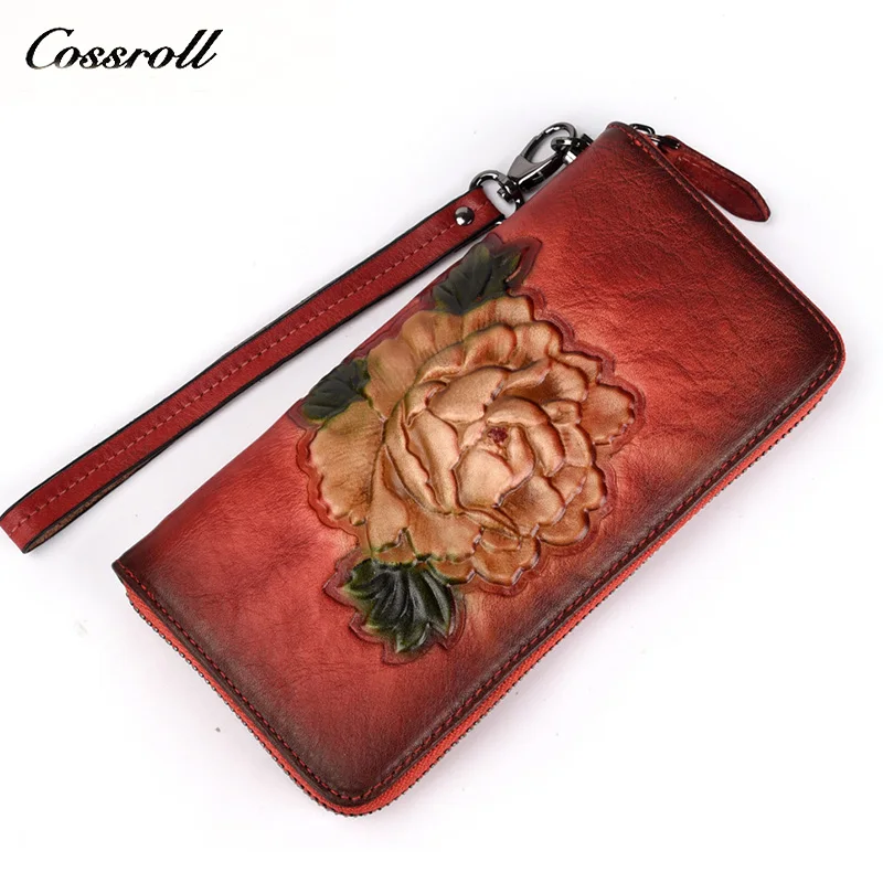 

New Tree cream leather wallet first layer leather retro long zipper wallet large capacity European and American fashion clutch