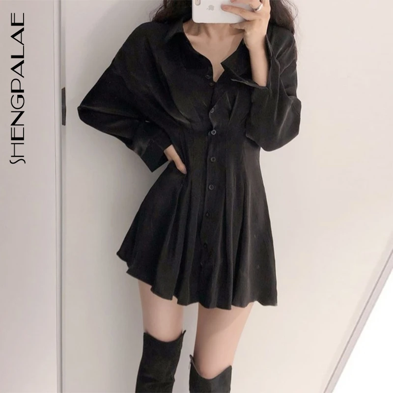 SHENGPALAE 2020 Women Female Tops Long Sleeve Casual Turn-down Collar Women's Pleated Lace Up Shirt Skirt Loose Blouses ZA2694 |