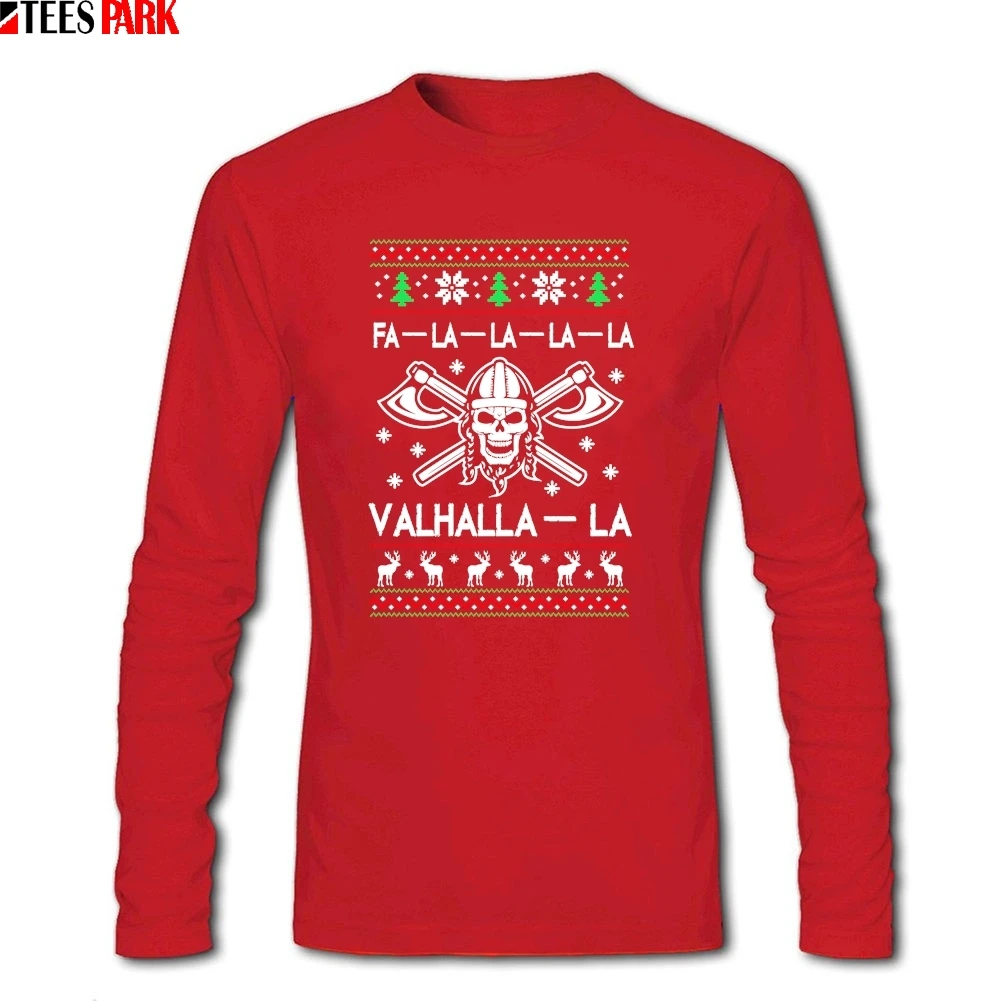 Valhalla-la рождественские уродливые Викинги мужские профессиональные хлопок Camisetas мужская одежда топы принтованная футболка с длинным рукавом для мужчин - Цвет: Красный