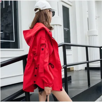 

Fashion Short Windbreaker Female 2019 Spring Autumn New Korean Loose BF short manchic Tooling Hooded Trench Coat For Women X308