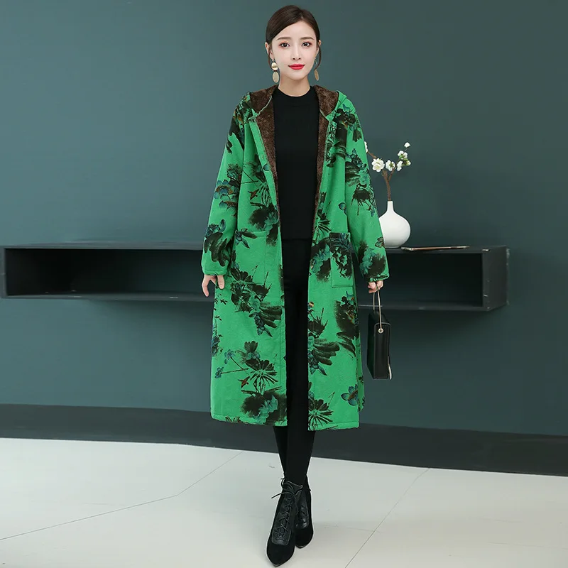 

Autumn And Winter New Style WOMEN'S Dress Loose And Plus-sized Mid-length Hooded Cotton Linen plus Velvet Warm Printed Trench Co