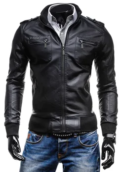 

England Style Faux Leather Jacket for Men Slim Winter Bomber PU Jackets Pockets Mens Coats