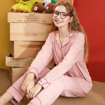 

FENTENG Autumn Pajamas For Women Fashion Letter Embroidery Pajamas Women Set Lapel Loose Home Suit Women J98132745