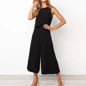 

Fashion Summer Jumpsuit Sleeveless Overalls for Women Wige Leg Solid Bodysuit Zipper Rompers Casual Loose Playsuit Body Mujer