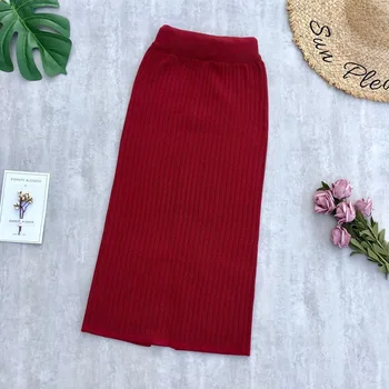 

2020 Autumn & Summer New Arrival Solid Color Knitted Skirt Mid Length Skirt After Split Pits Step A-line Skirts Free Shipping