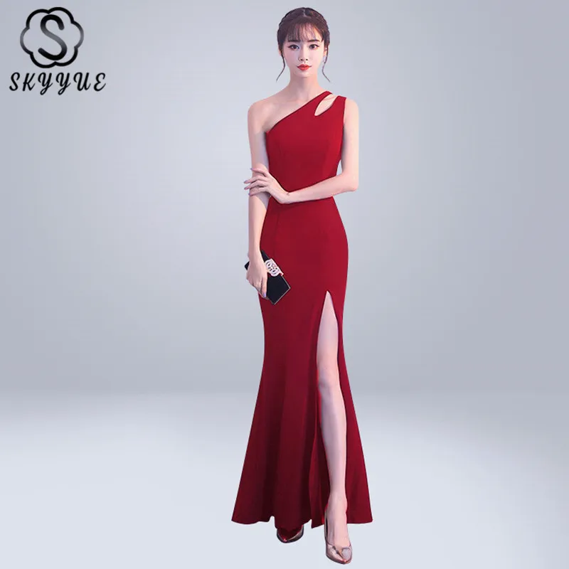 

Skyyue Evening Dress Solid Sleeveless Women Party Dresses Backless Zipper Robe De Soiree 2019 One Shoulder Formal Gowns C257