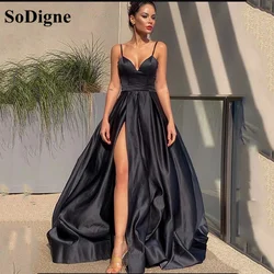 SoDigne Cheap Black Satin Simple Evening Dress Sexy Spaghetti Strap Women Party Dress Side Slit Formal Prom Gown