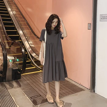 

Fashion Dress Women Summer 2020 New Korean-style Cotton Ladies Dress Short Sleeve Irregular Solid Color Women Clothing