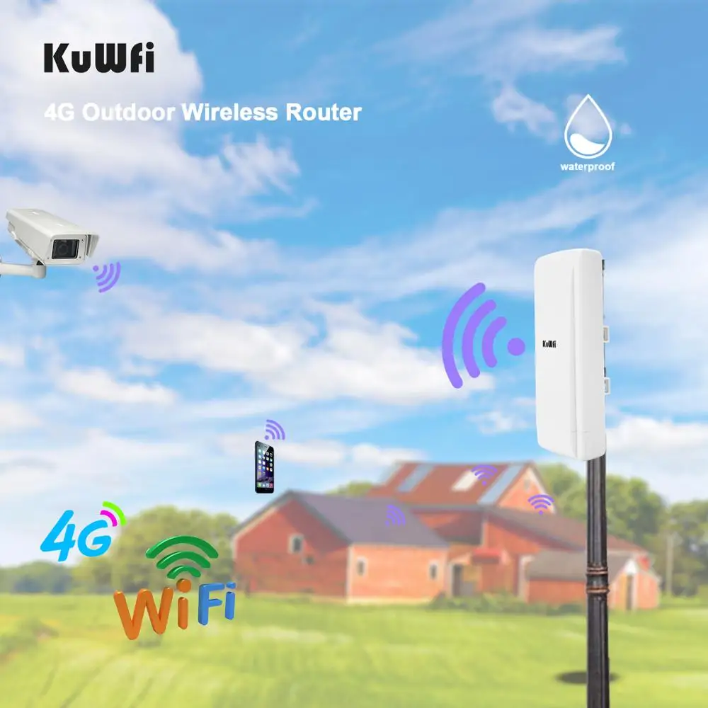 KuWFi Outdoor 4G Wifi Router CAT4 150Mbps Wireless CPE Waterproof Router Unlocked 4G SIM Card for IP Camera With 48V POE Adapter