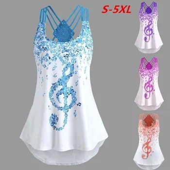 

Plus Size Ladies' Bandages Sleeveless Vest Top Musical Notes Print Strappy Summer Tanks Tops For Women Shirt Clothes Camisole